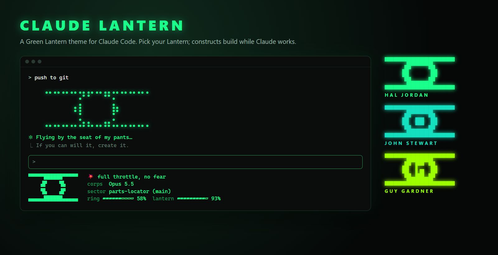 Claude Lantern in a terminal: a construct above the spinner and the ring statusline